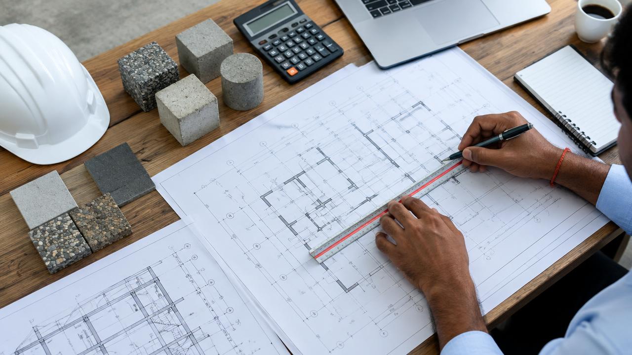 Engineer reviewing structural drawings and material samples